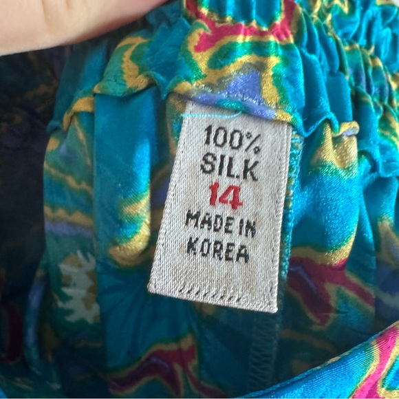 Vintage Silk Floral Midi Skirt Teal Botanical Boho Elastic Waist 14 - Picture 3 of 4